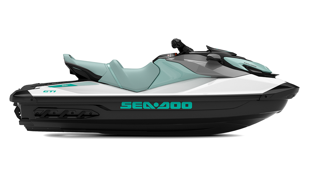 Side view of a Sea-Doo jet ski, white with teal accents.