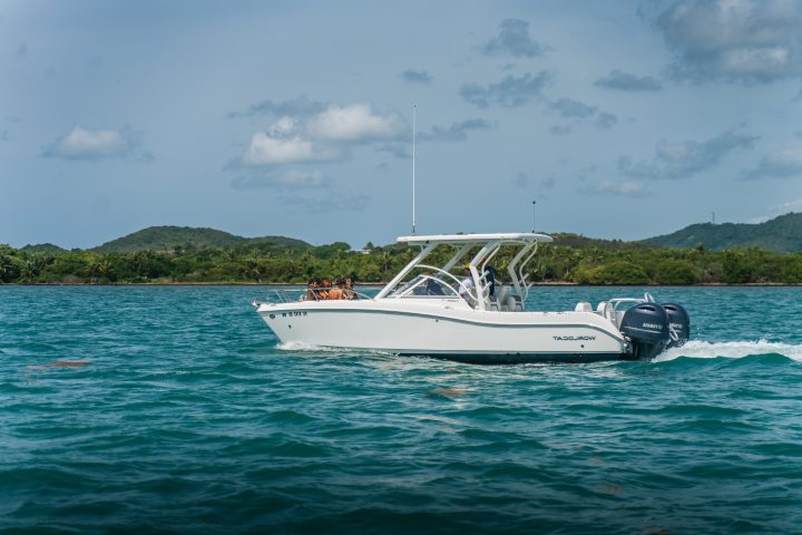 White boat with people on blue water near green hills.