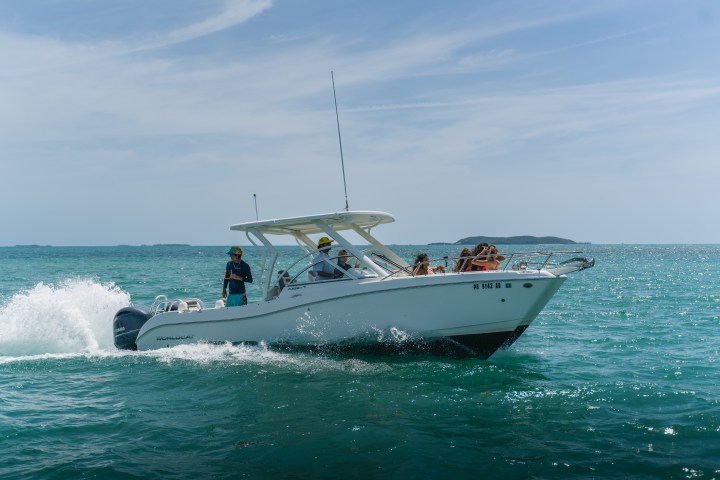 Boat with people cruising on a sunny sea.