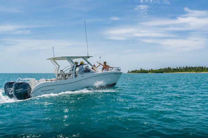 A motorboat with passengers cruising on a calm ocean near a green, tropical shoreline.