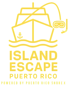 Yellow outline of a ship and snorkel, text: Island Escape Puerto Rico.